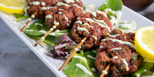 Vegan beet seitan kebab with parsley tahini