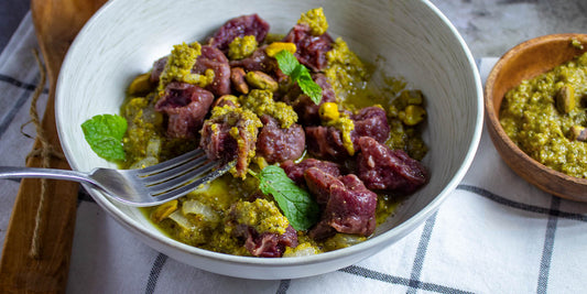 Vegan beet gnocchi in pistachio and lemon pesto recipe