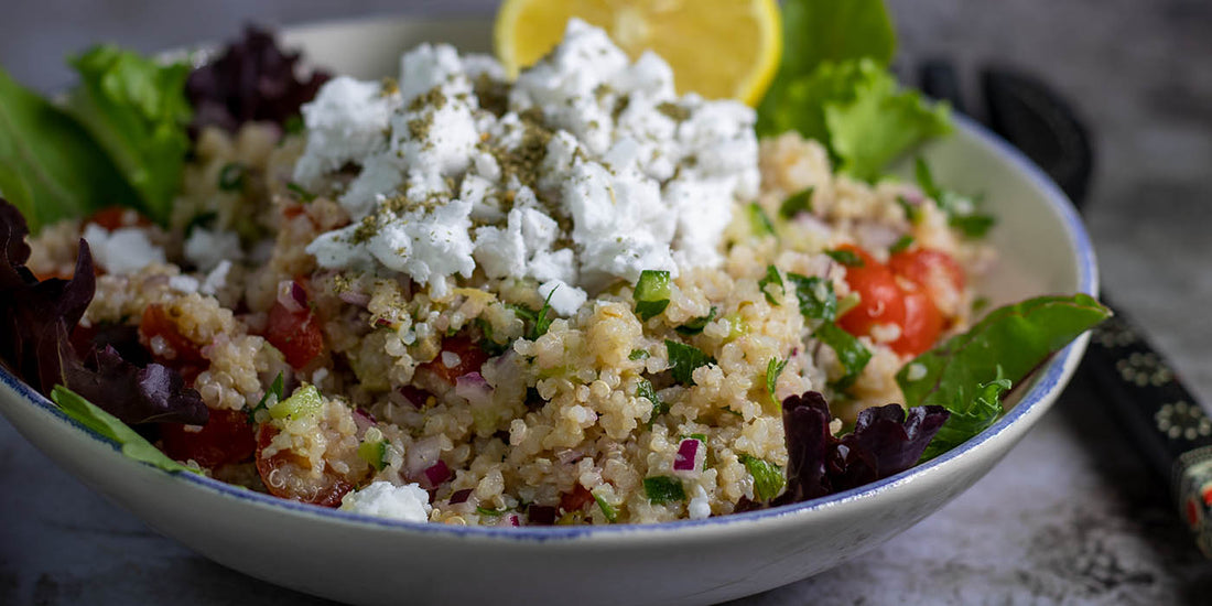Vegan summer quinoa salad feta cherry tomato za'atar olives