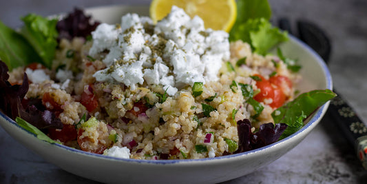 Vegan summer quinoa salad feta cherry tomato za'atar olives