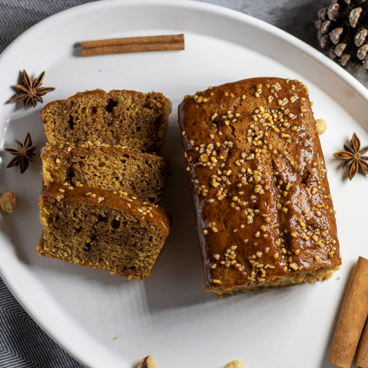 Vegan loaf cake with dulce de leche glaze