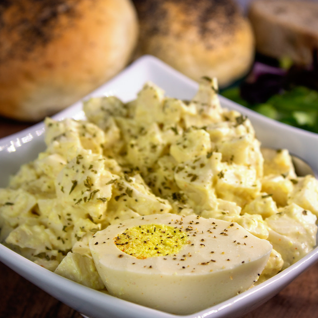 Vegan egg salad based on vegan eggs in mayo