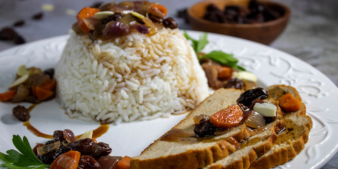 Vegan Dried Fruit Topped Rice and 'Turkey' Slices