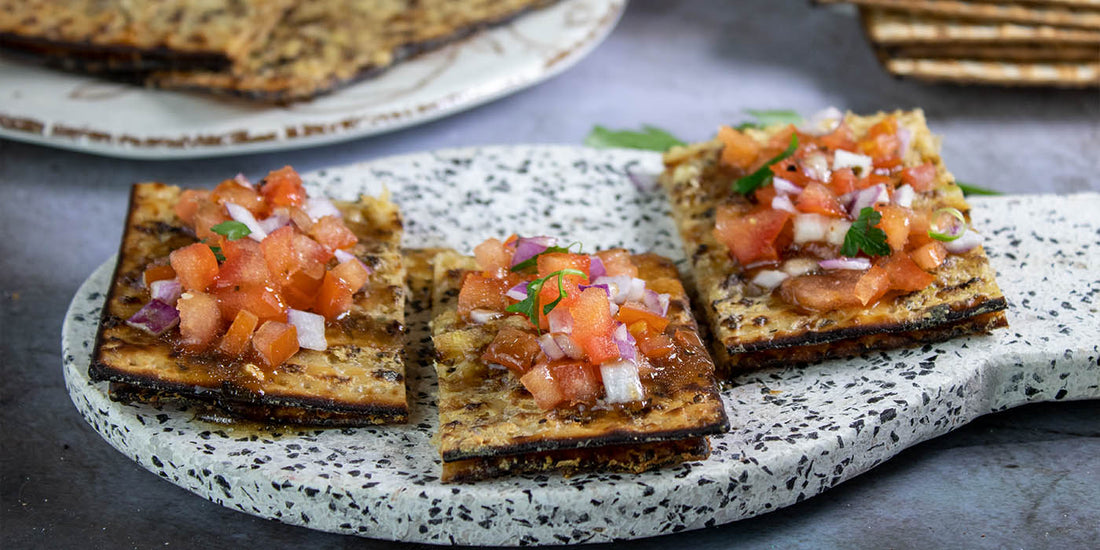 Vegan garlic matzah bruschetta for passover seder 