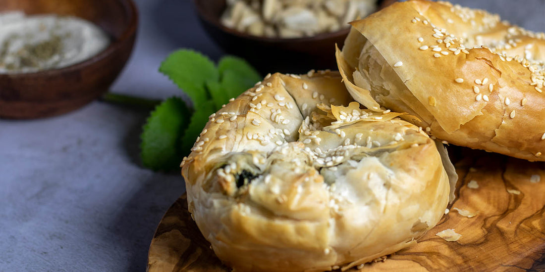 vegan phyllo dough pastry with labane cashew cheese and spinach