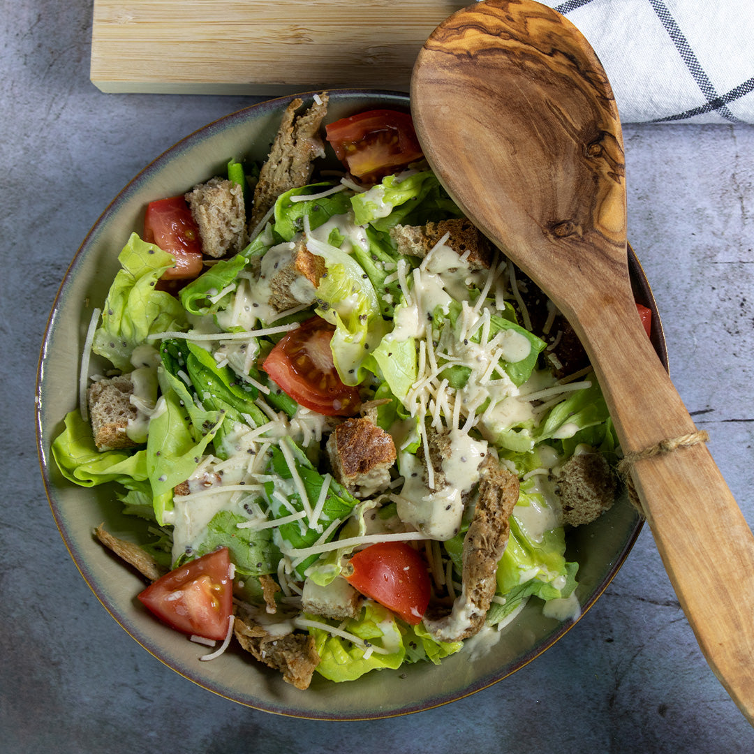 Vegan caesar salad with croutons and chicken seitan